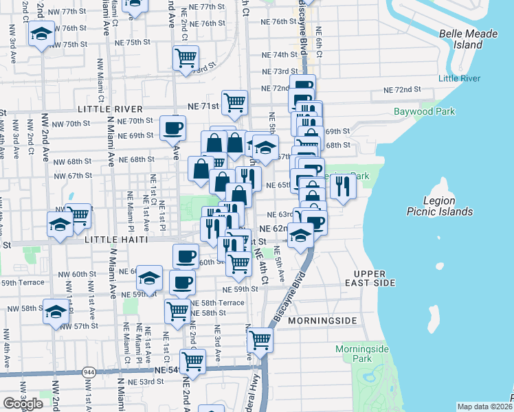 map of restaurants, bars, coffee shops, grocery stores, and more near 425 Northeast 63rd Street in Miami