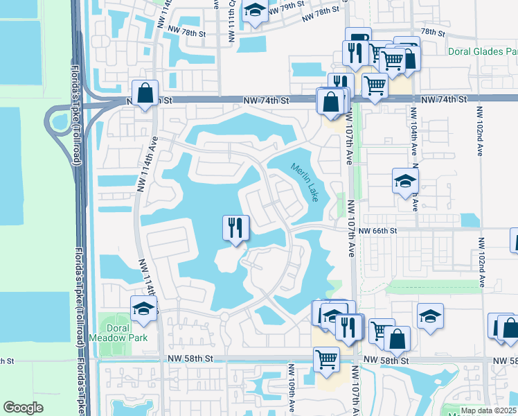 map of restaurants, bars, coffee shops, grocery stores, and more near 6802 Northwest 111th Avenue in Doral