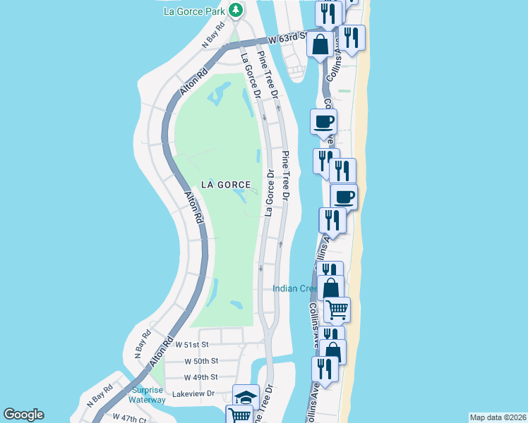 map of restaurants, bars, coffee shops, grocery stores, and more near 5560 Lagorce Drive in Miami Beach