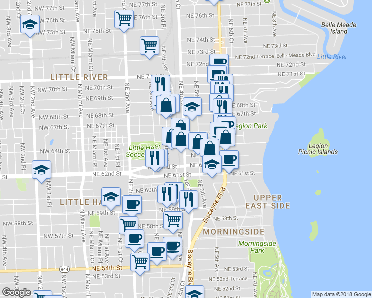 map of restaurants, bars, coffee shops, grocery stores, and more near 425 Northeast 63rd Street in Miami