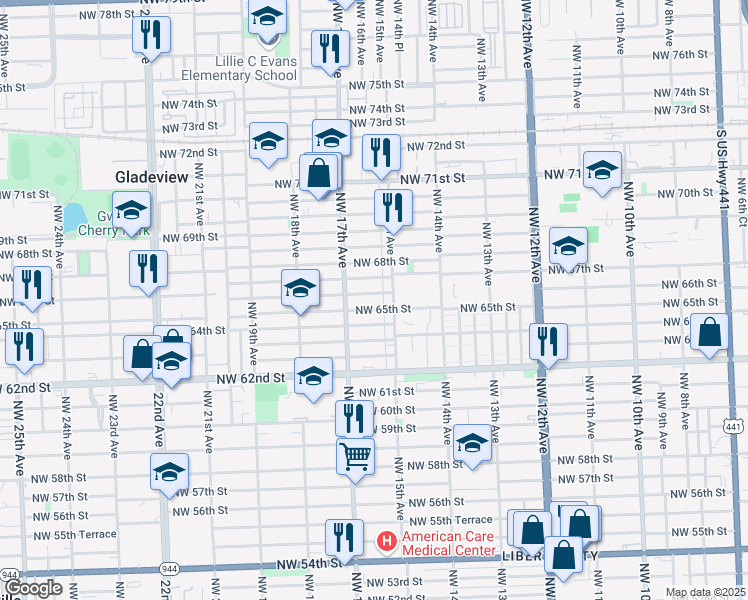 map of restaurants, bars, coffee shops, grocery stores, and more near 1610 Northwest 66th Street in Miami