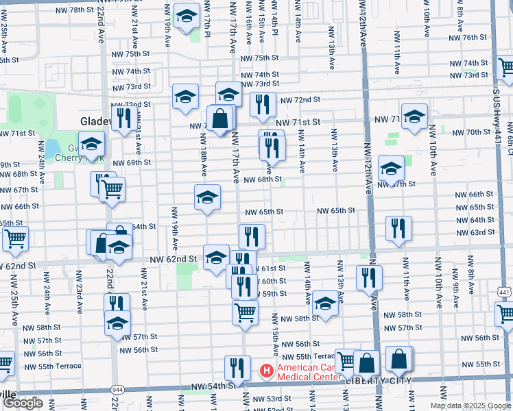 map of restaurants, bars, coffee shops, grocery stores, and more near 1610 Northwest 66th Street in Miami