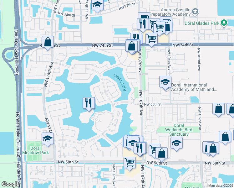map of restaurants, bars, coffee shops, grocery stores, and more near 10900 Northwest 67th Street in Doral