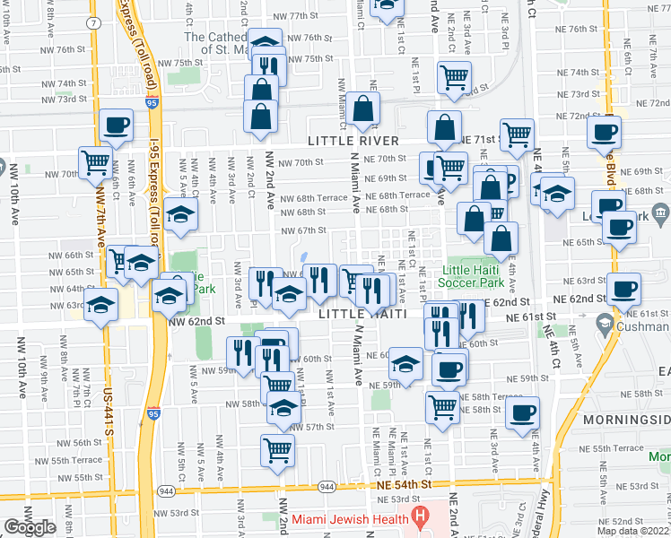 map of restaurants, bars, coffee shops, grocery stores, and more near 6401 Northwest Miami Place in Miami