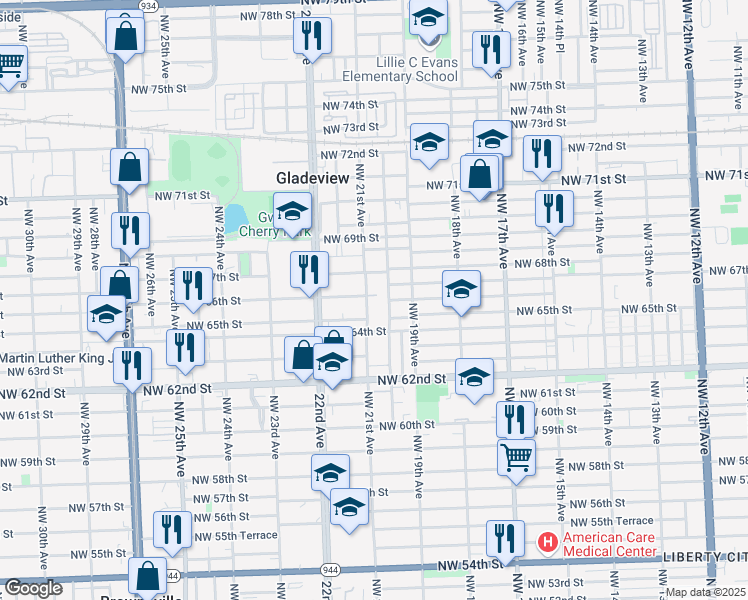 map of restaurants, bars, coffee shops, grocery stores, and more near 8 Northwest 21st Avenue in Miami