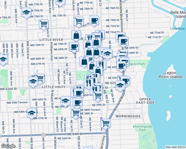 map of restaurants, bars, coffee shops, grocery stores, and more near 320 Northeast 64th Terrace in Miami