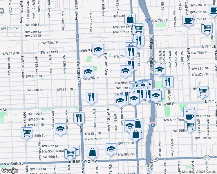 map of restaurants, bars, coffee shops, grocery stores, and more near 943 Northwest 65th Street in Miami