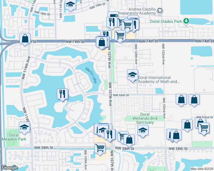map of restaurants, bars, coffee shops, grocery stores, and more near 6805 Northwest 107th Avenue in Doral