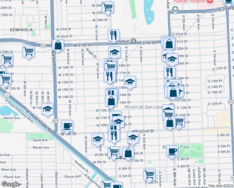 map of restaurants, bars, coffee shops, grocery stores, and more near 19 East 14th Street in Hialeah