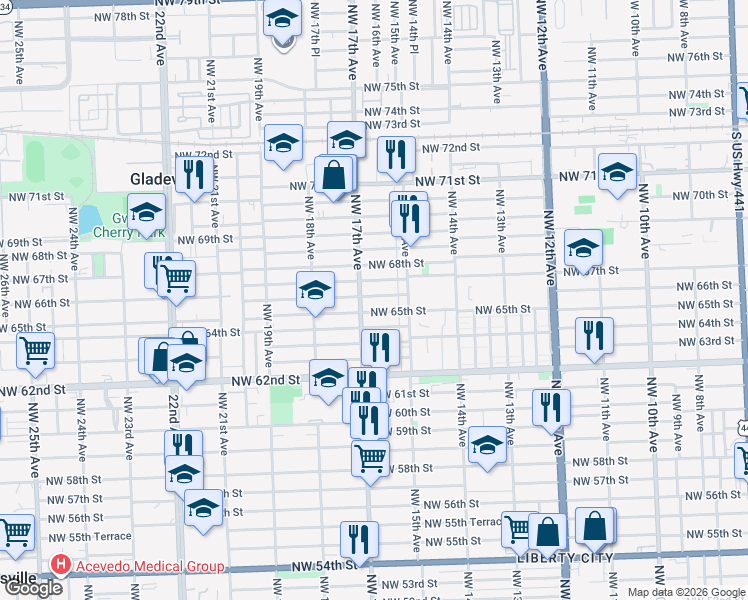map of restaurants, bars, coffee shops, grocery stores, and more near 1610 Northwest 66th Street in Miami