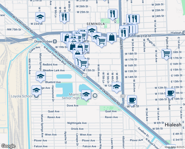 map of restaurants, bars, coffee shops, grocery stores, and more near 659 West 14th Street in Hialeah