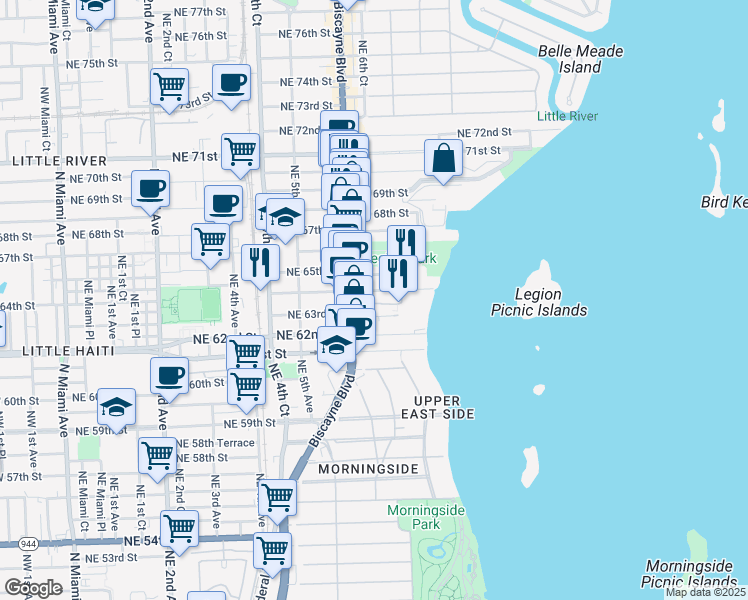 map of restaurants, bars, coffee shops, grocery stores, and more near 680 Northeast 64th Street in Miami