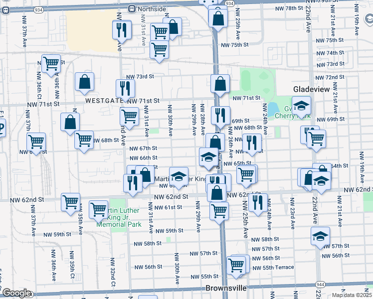 map of restaurants, bars, coffee shops, grocery stores, and more near 2930 Northwest 67th Street in Miami