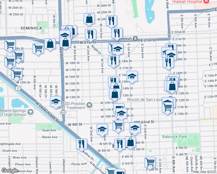map of restaurants, bars, coffee shops, grocery stores, and more near 55 West 14th Street in Hialeah