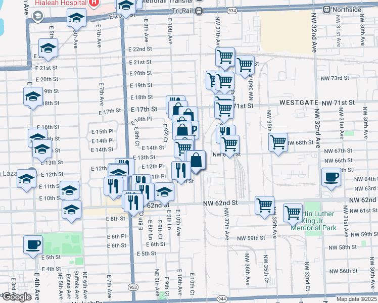 map of restaurants, bars, coffee shops, grocery stores, and more near 1065 East 13th Street in Hialeah