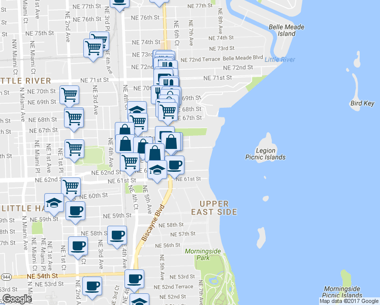 map of restaurants, bars, coffee shops, grocery stores, and more near 700 Northeast 63rd Street in Miami