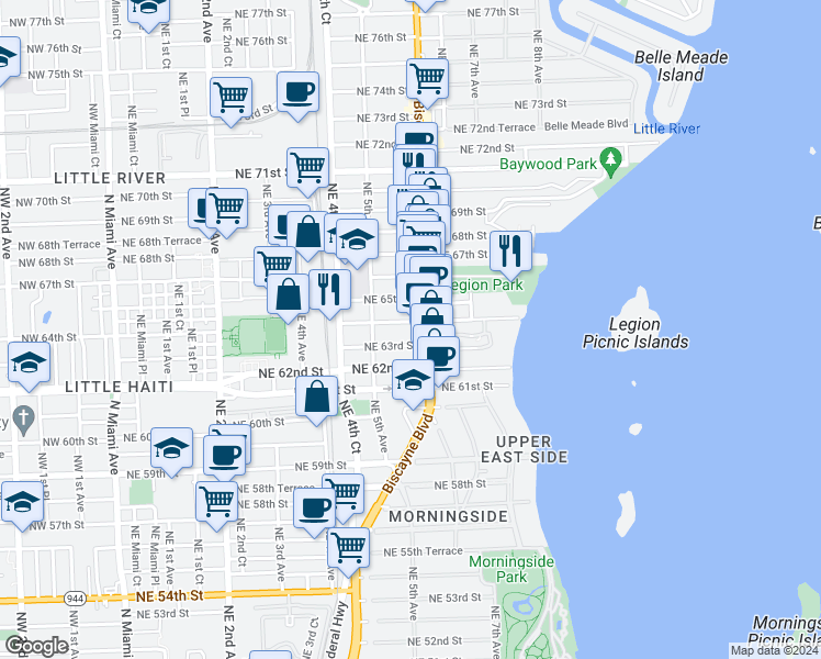 map of restaurants, bars, coffee shops, grocery stores, and more near 541 Northeast 63rd Street in Miami