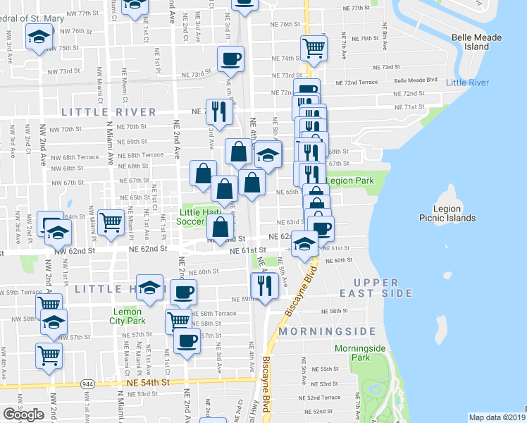 map of restaurants, bars, coffee shops, grocery stores, and more near 425 Northeast 63rd Street in Miami