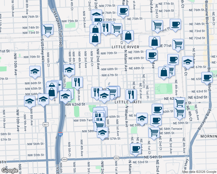 map of restaurants, bars, coffee shops, grocery stores, and more near 145 Northwest 64th Street in Miami