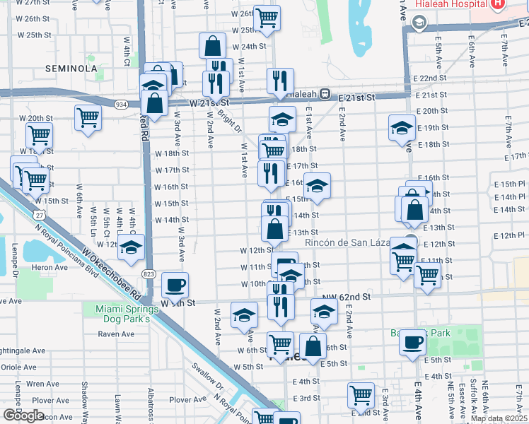 map of restaurants, bars, coffee shops, grocery stores, and more near 55 West 14th Street in Hialeah
