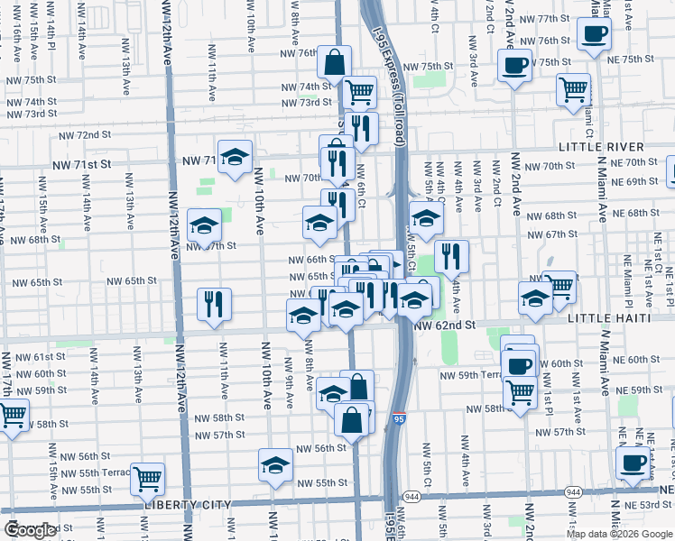 map of restaurants, bars, coffee shops, grocery stores, and more near 744 Northwest 65th Street in Miami