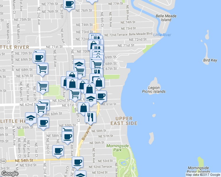 map of restaurants, bars, coffee shops, grocery stores, and more near 680 Northeast 64th Street in Miami