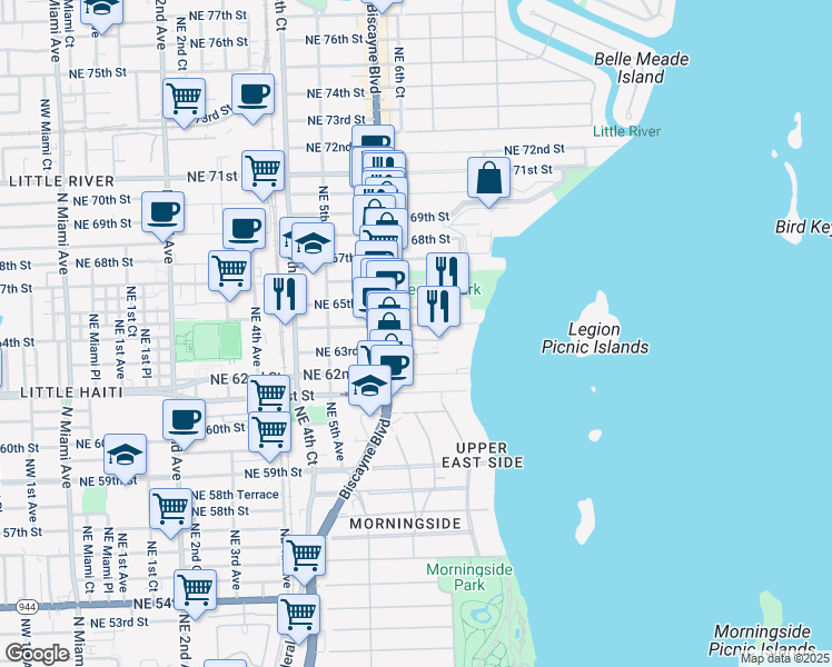 map of restaurants, bars, coffee shops, grocery stores, and more near 700 Northeast 63rd Street in Miami