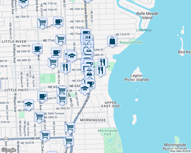 map of restaurants, bars, coffee shops, grocery stores, and more near 700 Northeast 63rd Street in Miami