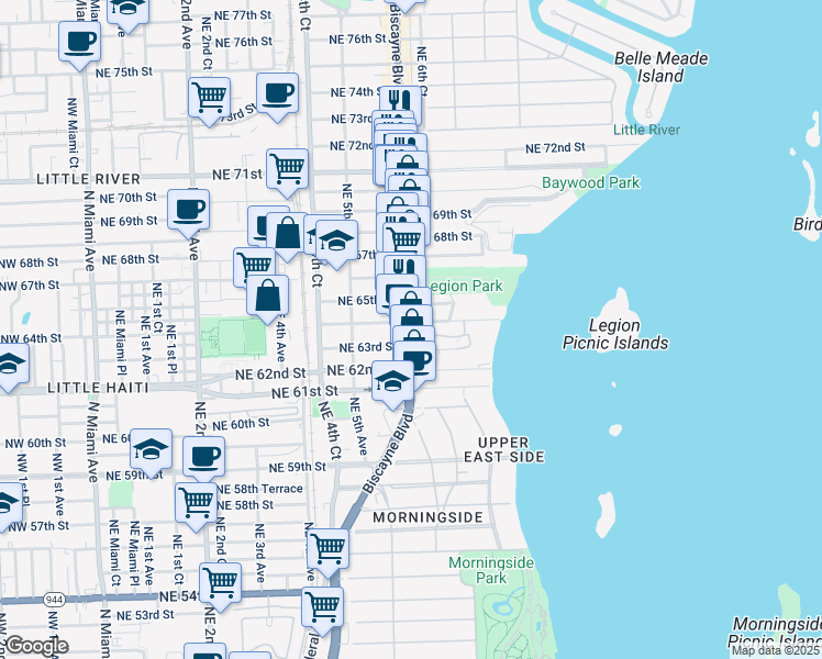 map of restaurants, bars, coffee shops, grocery stores, and more near 6399 Biscayne Boulevard in Miami