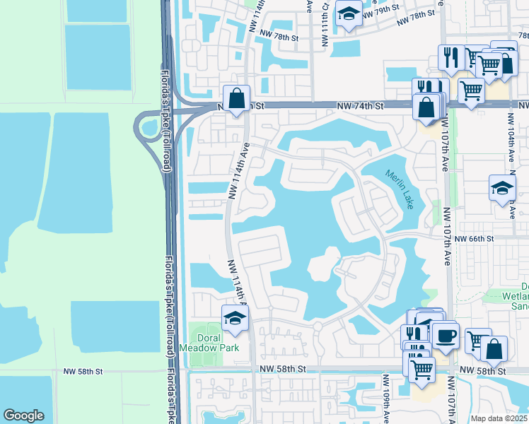 map of restaurants, bars, coffee shops, grocery stores, and more near 11352 Northwest 68th Street in Doral