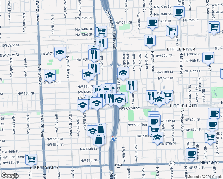 map of restaurants, bars, coffee shops, grocery stores, and more near 585 Northwest 64th Street in Miami