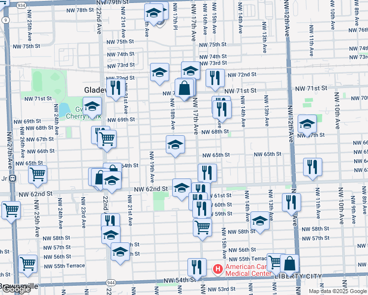 map of restaurants, bars, coffee shops, grocery stores, and more near 1754 Northwest 66th Street in Miami