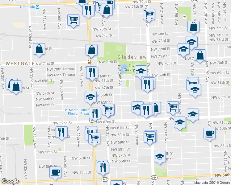 map of restaurants, bars, coffee shops, grocery stores, and more near 2461 Northwest 65th Street in Miami