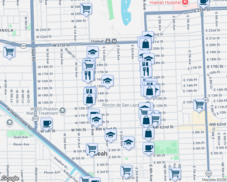 map of restaurants, bars, coffee shops, grocery stores, and more near 158 East 14th Street in Hialeah