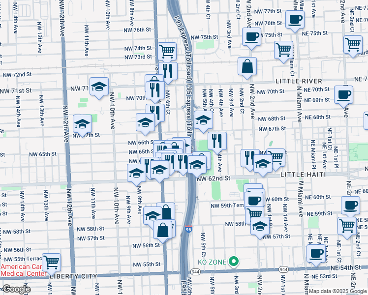 map of restaurants, bars, coffee shops, grocery stores, and more near 585 Northwest 64th Street in Miami