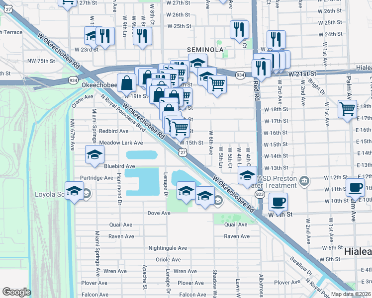 map of restaurants, bars, coffee shops, grocery stores, and more near 1401 West Okeechobee Road in Hialeah