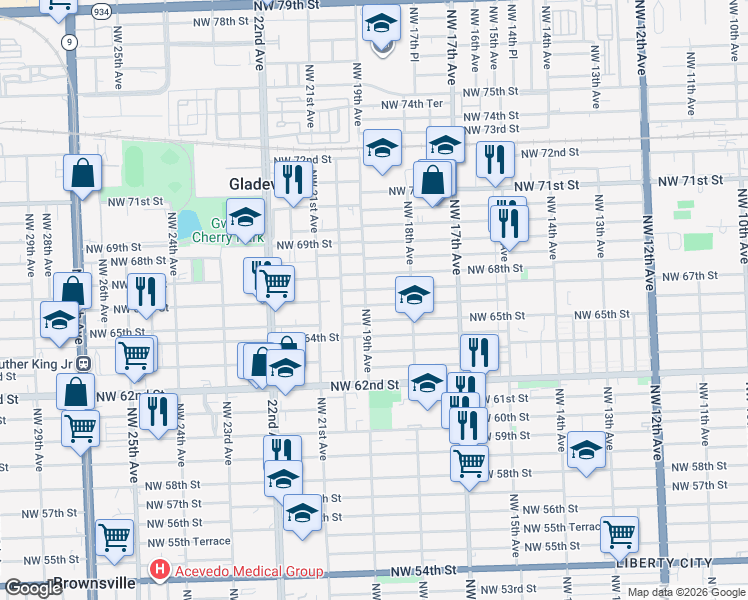 map of restaurants, bars, coffee shops, grocery stores, and more near 1896 Northwest 66th Street in Miami