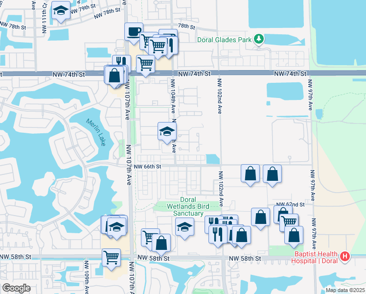 map of restaurants, bars, coffee shops, grocery stores, and more near 10362 Northwest 67th Terrace in Doral
