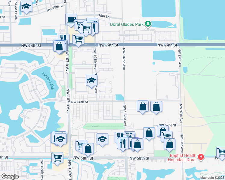 map of restaurants, bars, coffee shops, grocery stores, and more near 6735 Northwest 103rd Avenue in Doral