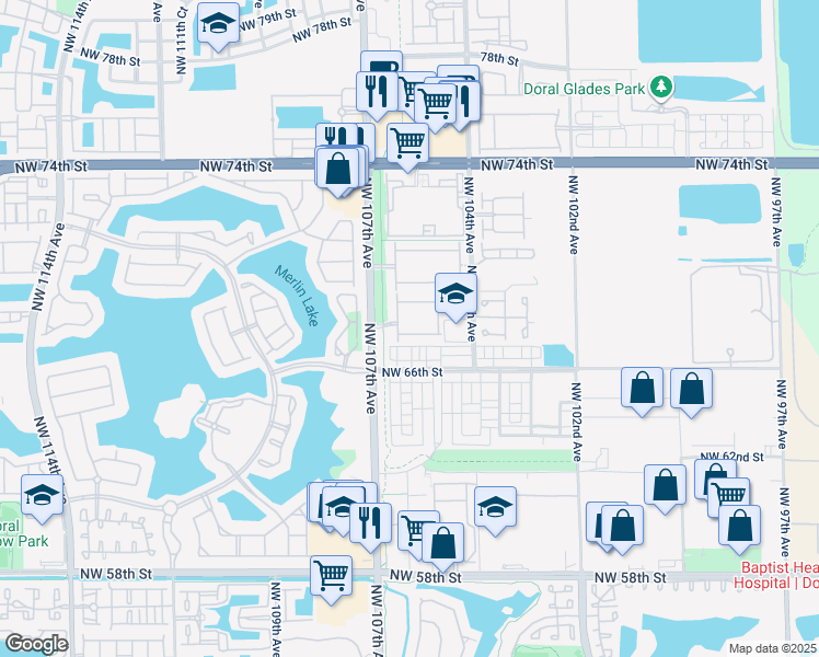 map of restaurants, bars, coffee shops, grocery stores, and more near 10560 Northwest 67th Terrace in Doral