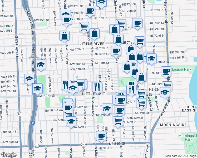 map of restaurants, bars, coffee shops, grocery stores, and more near 6355 North Miami Avenue in Miami