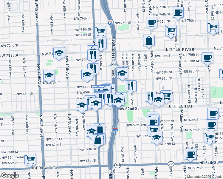 map of restaurants, bars, coffee shops, grocery stores, and more near 585 Northwest 64th Street in Miami