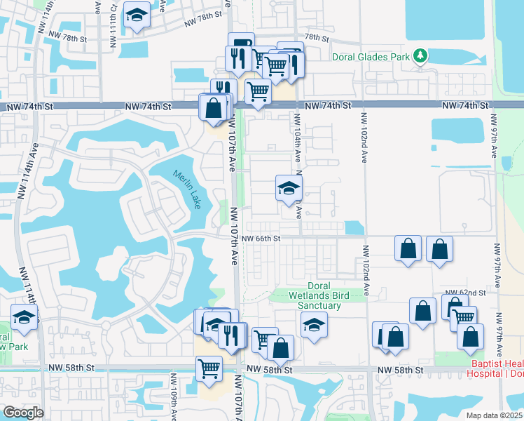 map of restaurants, bars, coffee shops, grocery stores, and more near 10560 Northwest 67th Terrace in Doral