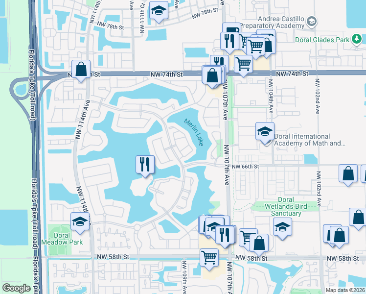 map of restaurants, bars, coffee shops, grocery stores, and more near 6740 Northwest 109th Court in Doral