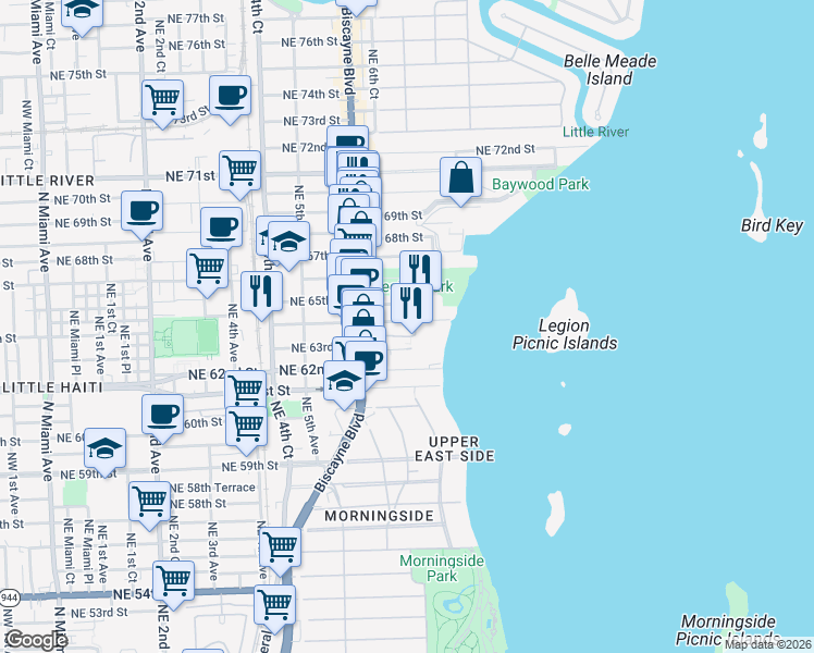 map of restaurants, bars, coffee shops, grocery stores, and more near 680 Northeast 64th Street in Miami