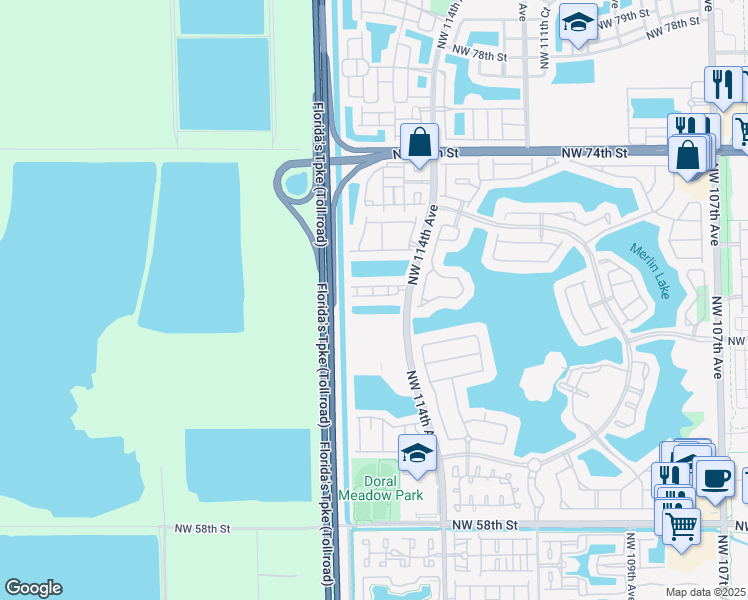 map of restaurants, bars, coffee shops, grocery stores, and more near 11550 Northwest 67th Terrace in Doral