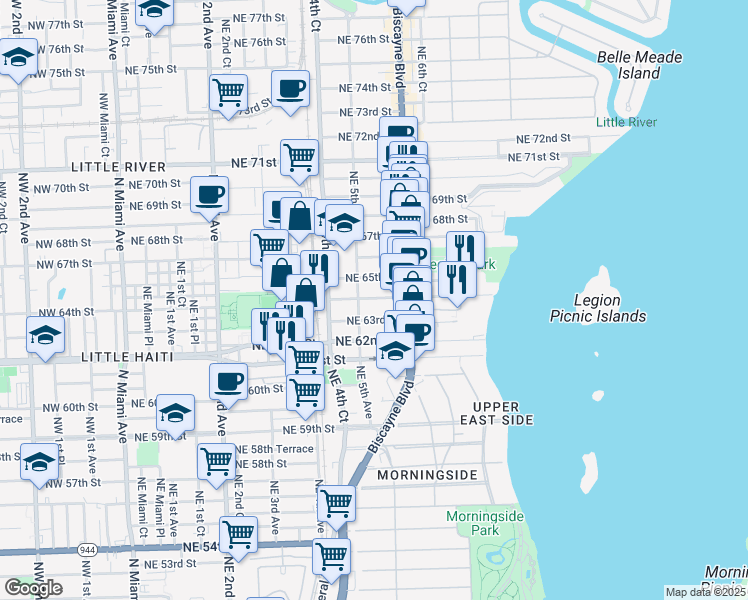map of restaurants, bars, coffee shops, grocery stores, and more near 541 Northeast 63rd Street in Miami