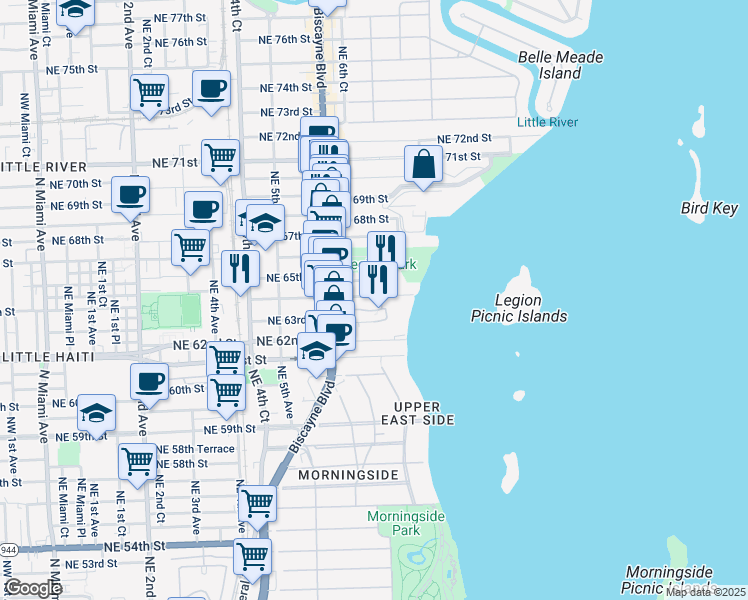 map of restaurants, bars, coffee shops, grocery stores, and more near 680 Northeast 64th Street in Miami