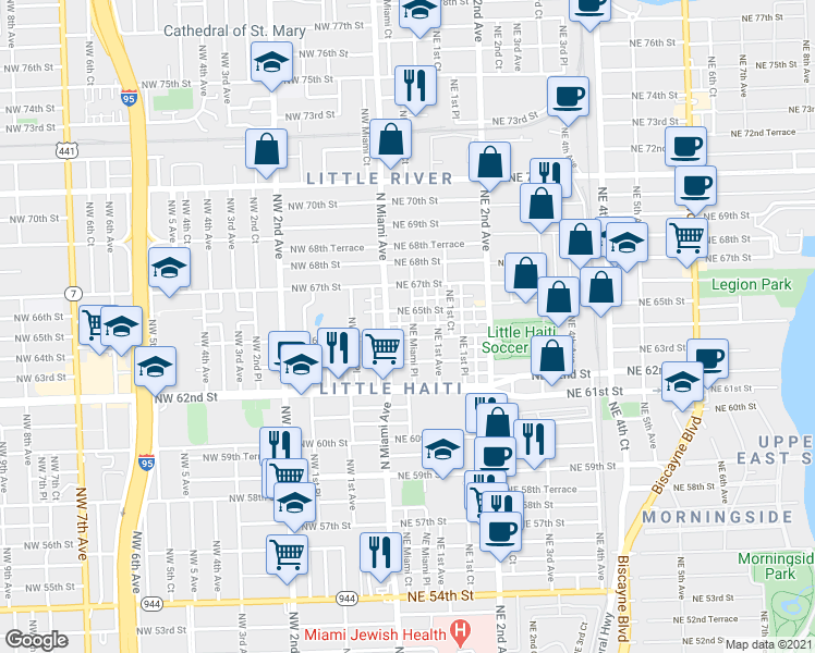 map of restaurants, bars, coffee shops, grocery stores, and more near 6355 North Miami Avenue in Miami