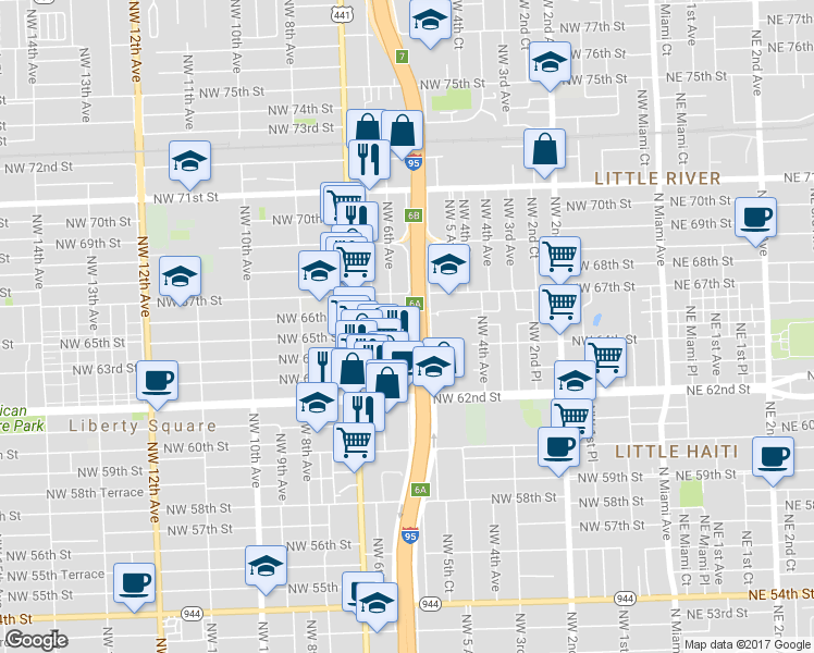 map of restaurants, bars, coffee shops, grocery stores, and more near 585 Northwest 64th Street in Miami